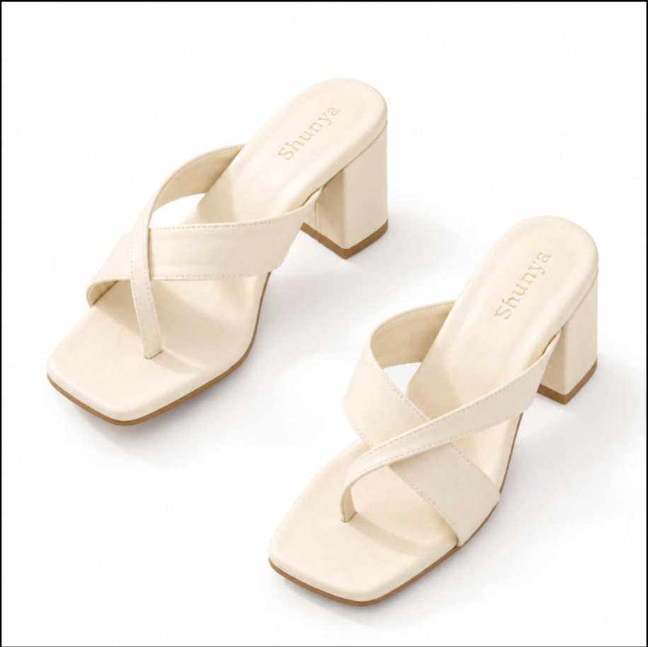 Women's Trendy Beige Block Heel Sandals – Stylish Cross-Strap Slip-On Heels for Party & Casual Wear