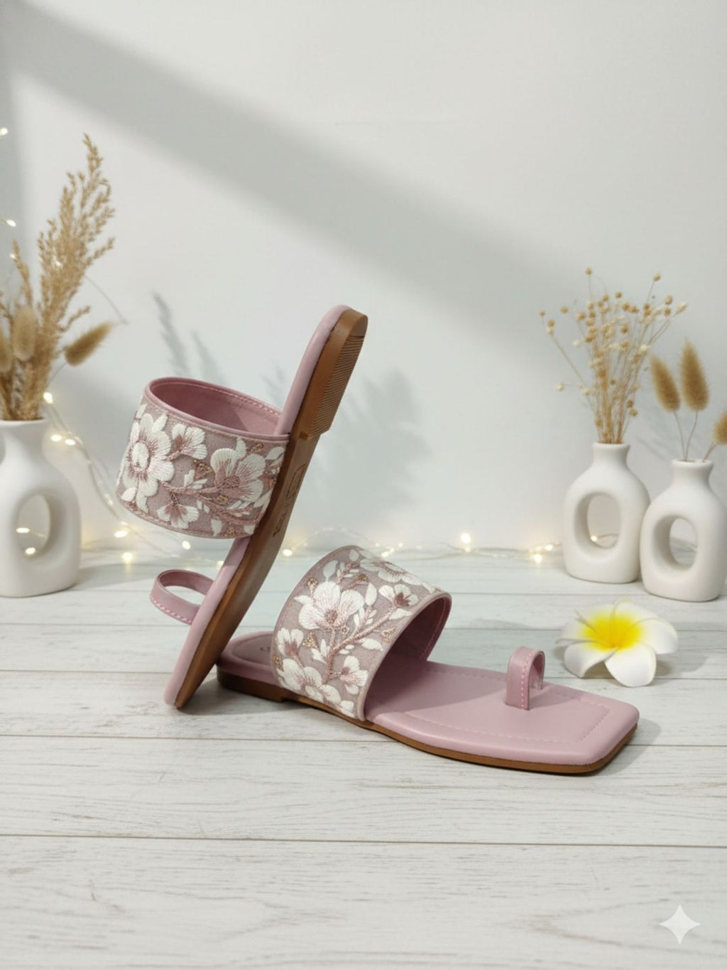 Elegant Floral Embroidered Women’s Slip-On Sandals – Soft Pink Square Toe Flats