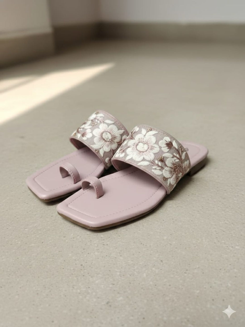 Elegant Floral Embroidered Women’s Slip-On Sandals – Soft Pink Square Toe Flats