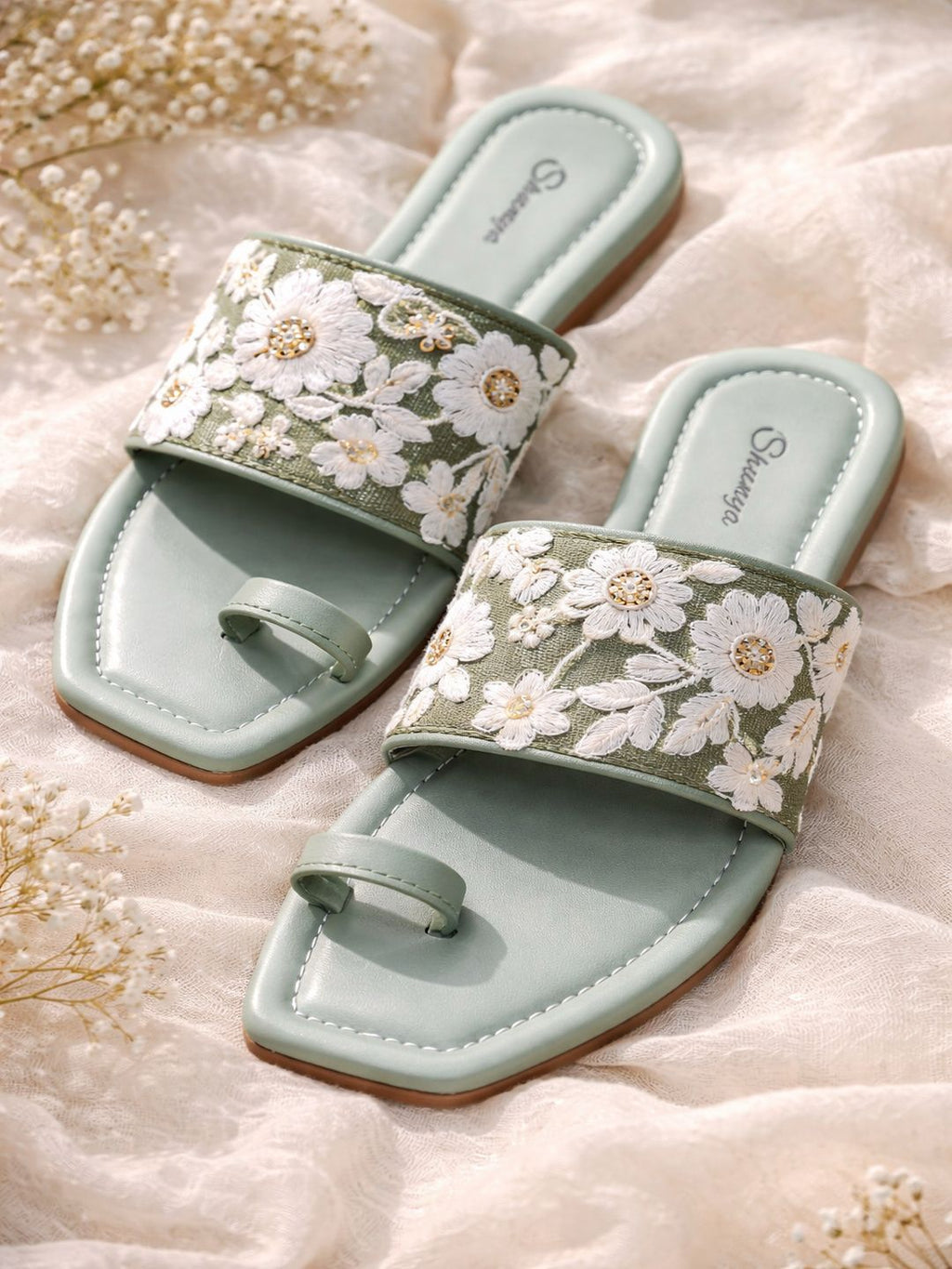 Sage Green Floral Embroidered Toe-Ring Flat Sandals