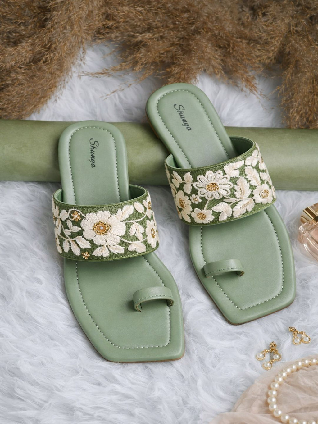 Sage Green Floral Embroidered Toe-Ring Flat Sandals