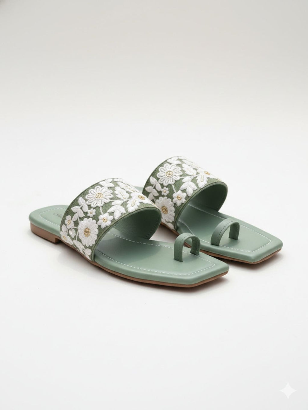 Sage Green Floral Embroidered Toe-Ring Flat Sandals