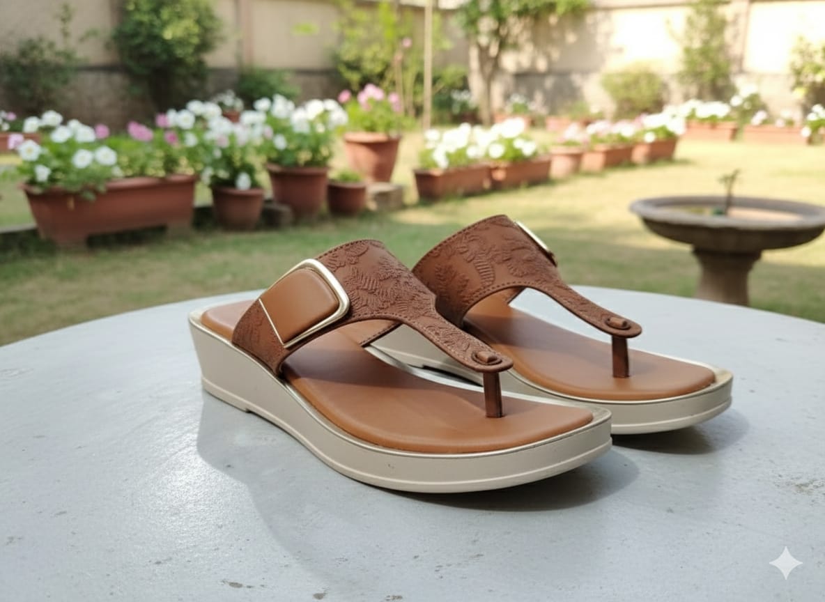 Tan Textured Buckle Toe-Post Comfort Wedge Sandals