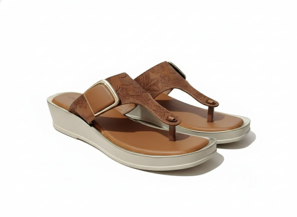 Tan Textured Buckle Toe-Post Comfort Wedge Sandals