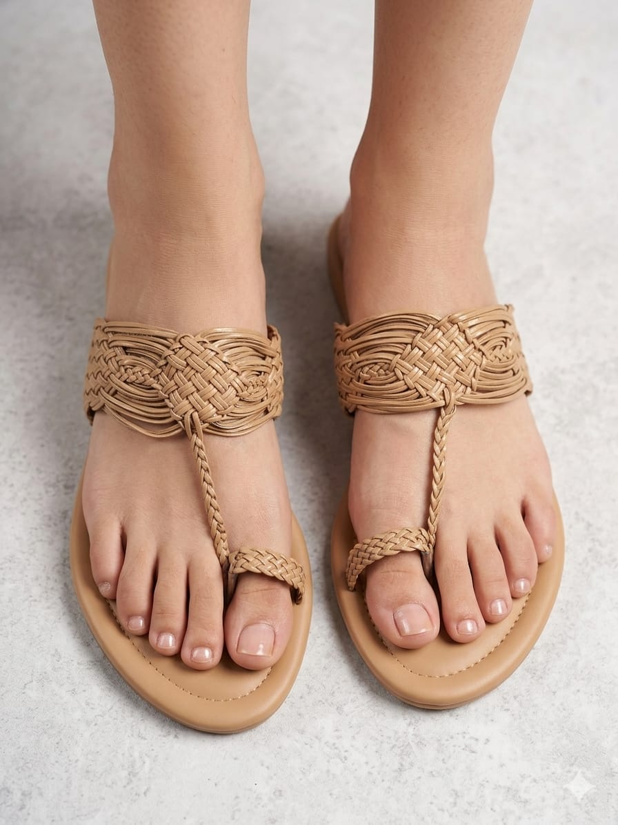 Shunya Elegant Handwoven Tan Sandals for Women | Braided Strap Flat Thong Sandals | Summer Casual Beach Footwear