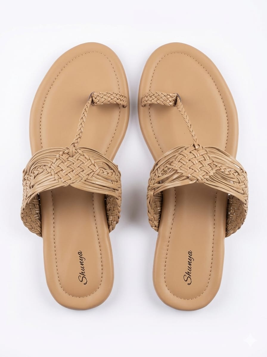 Shunya Elegant Handwoven Tan Sandals for Women | Braided Strap Flat Thong Sandals | Summer Casual Beach Footwear