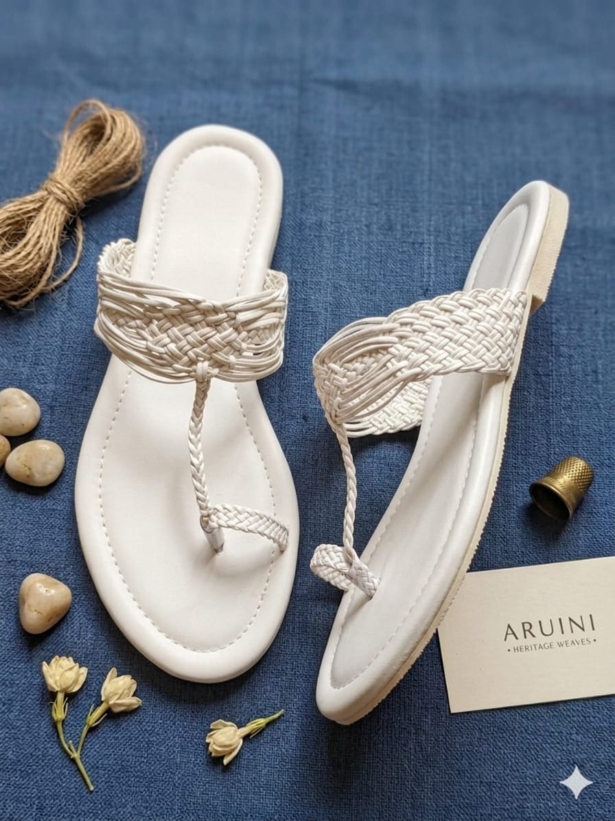 Shunya Elegant Handwoven White Sandals for Women | Braided Strap Flat Thong Sandals | Summer Casual Beach Footwear
