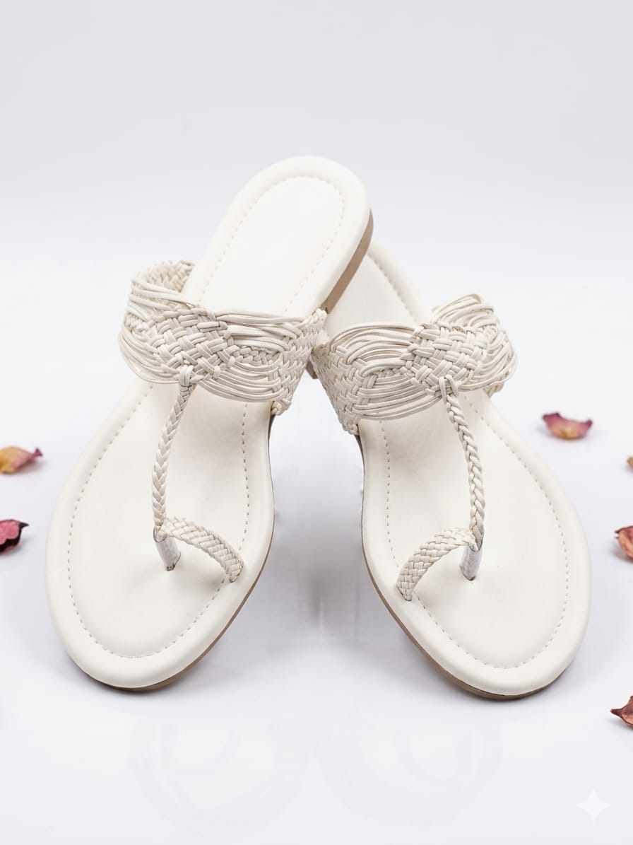 Shunya Elegant Handwoven White Sandals for Women | Braided Strap Flat Thong Sandals | Summer Casual Beach Footwear