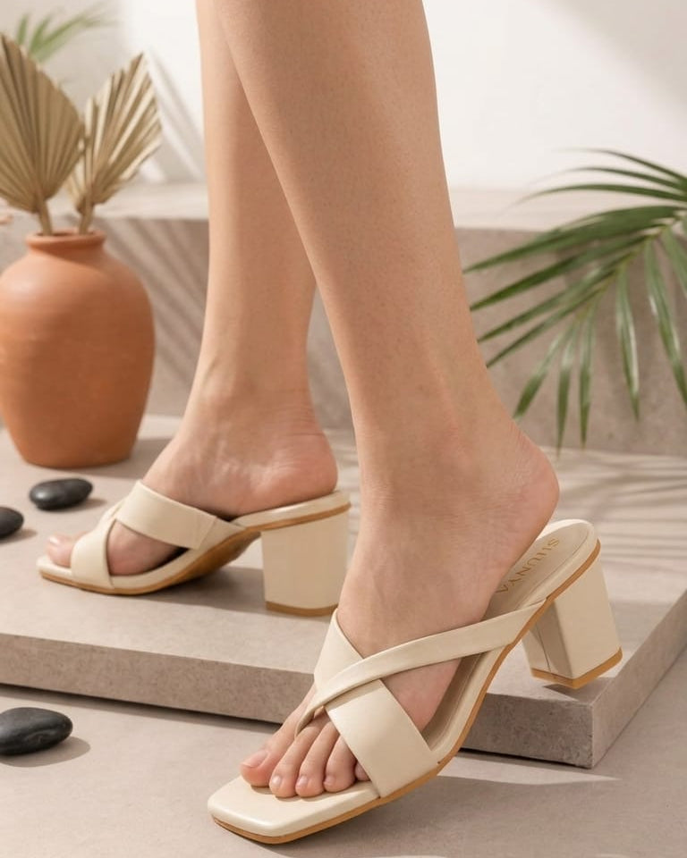 Shunya Women's Trendy Beige Block Heel Sandals – Stylish Cross-Strap Slip-On Heels for Party & Casual Wear