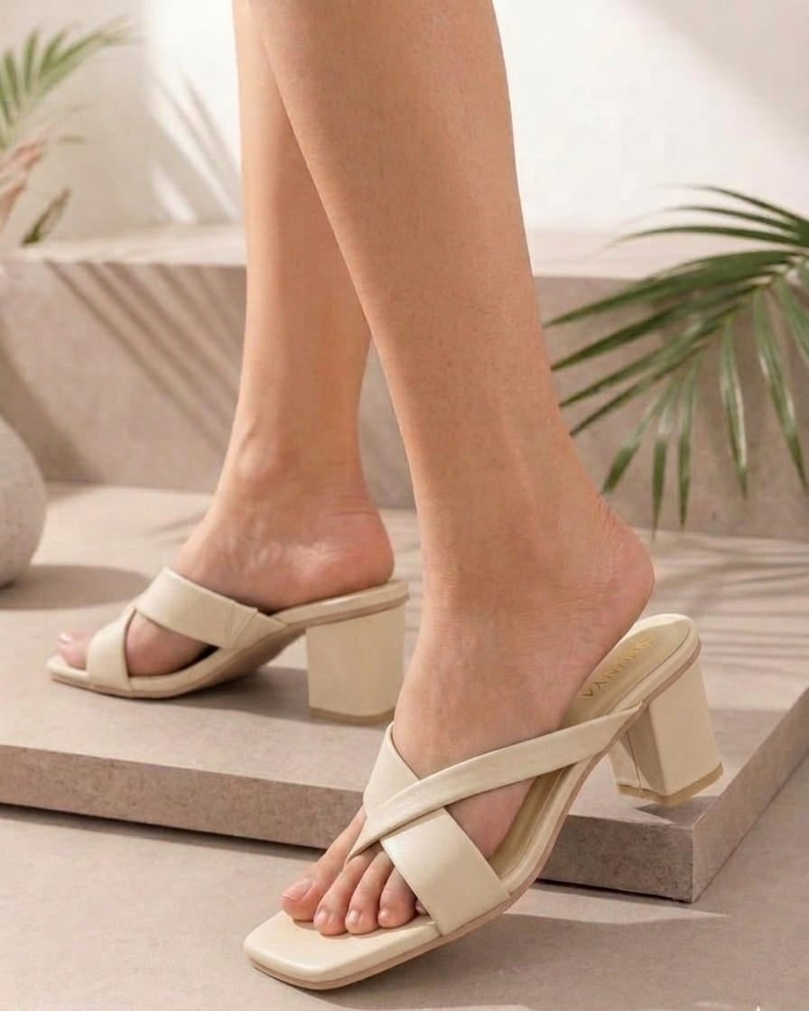 Women's Trendy Beige Block Heel Sandals – Stylish Cross-Strap Slip-On Heels for Party & Casual Wear