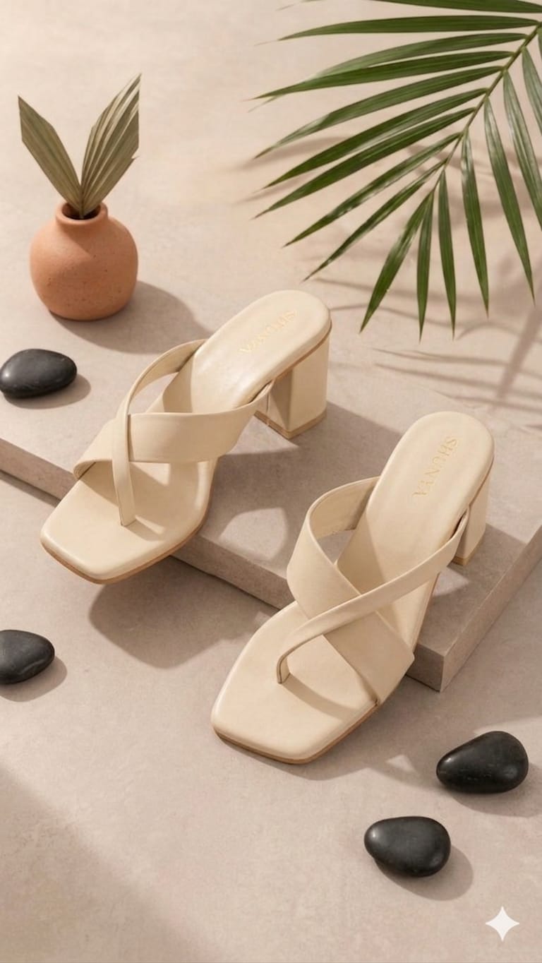 Women's Trendy Beige Block Heel Sandals – Stylish Cross-Strap Slip-On Heels for Party & Casual Wear