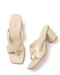 Women's Trendy Beige Block Heel Sandals – Stylish Cross-Strap Slip-On Heels for Party & Casual Wear