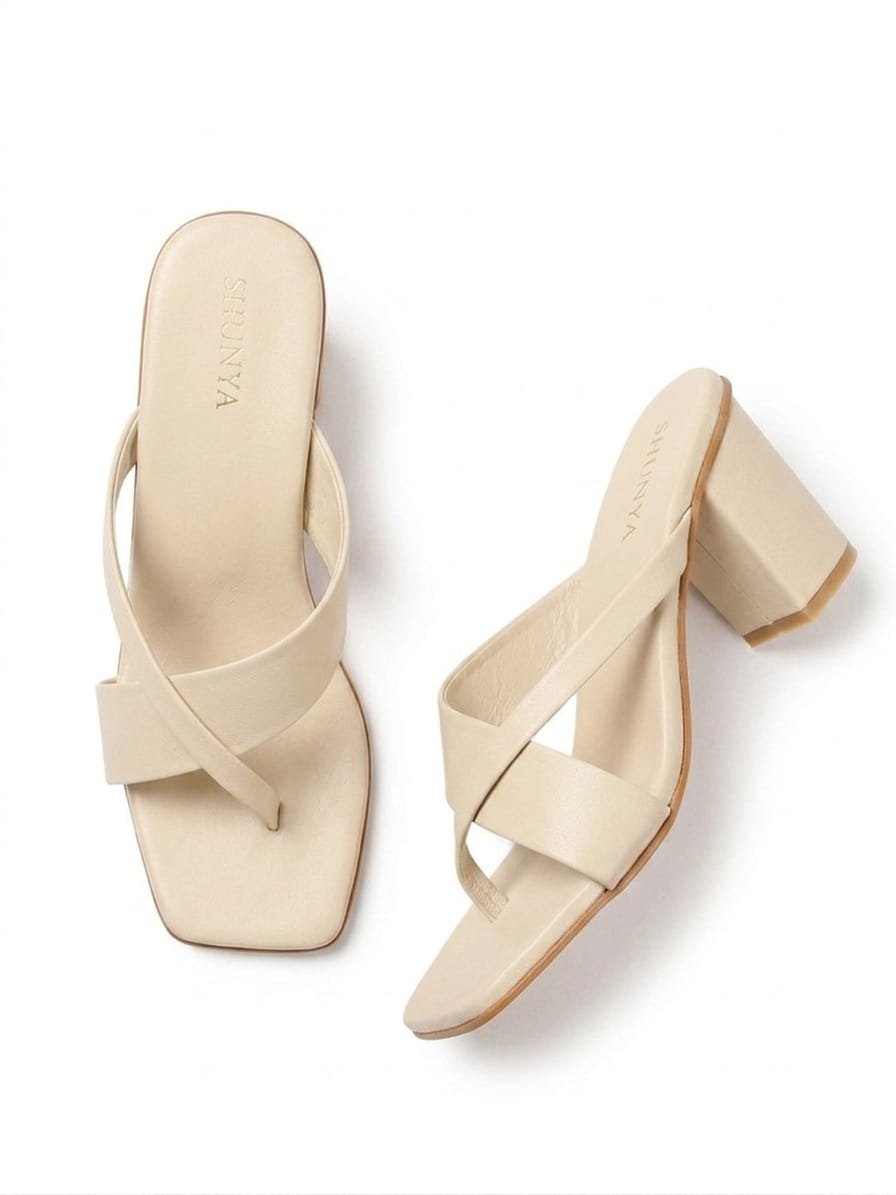 Women's Trendy Beige Block Heel Sandals – Stylish Cross-Strap Slip-On Heels for Party & Casual Wear