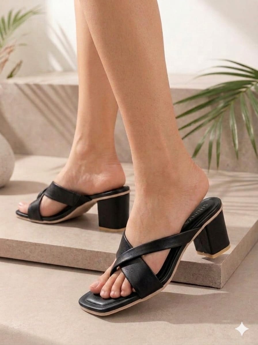 Shunya Women's Trendy Black Block Heel Sandals – Stylish Cross-Strap Slip-On Heels for Party & Casual Wear