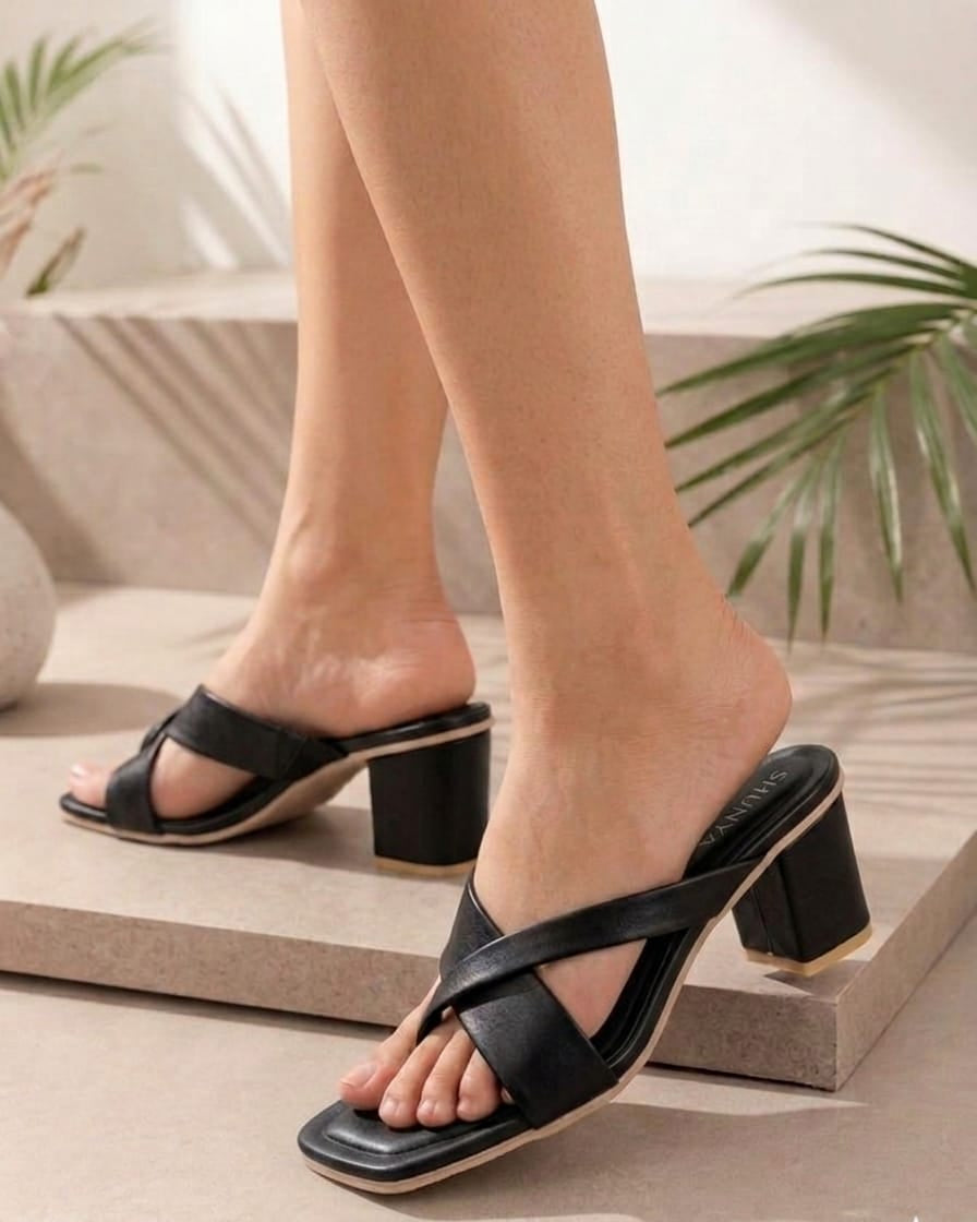Women's Trendy Black Block Heel Sandals – Stylish Cross-Strap Slip-On Heels for Party & Casual Wear