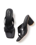 Women's Trendy Black Block Heel Sandals – Stylish Cross-Strap Slip-On Heels for Party & Casual Wear