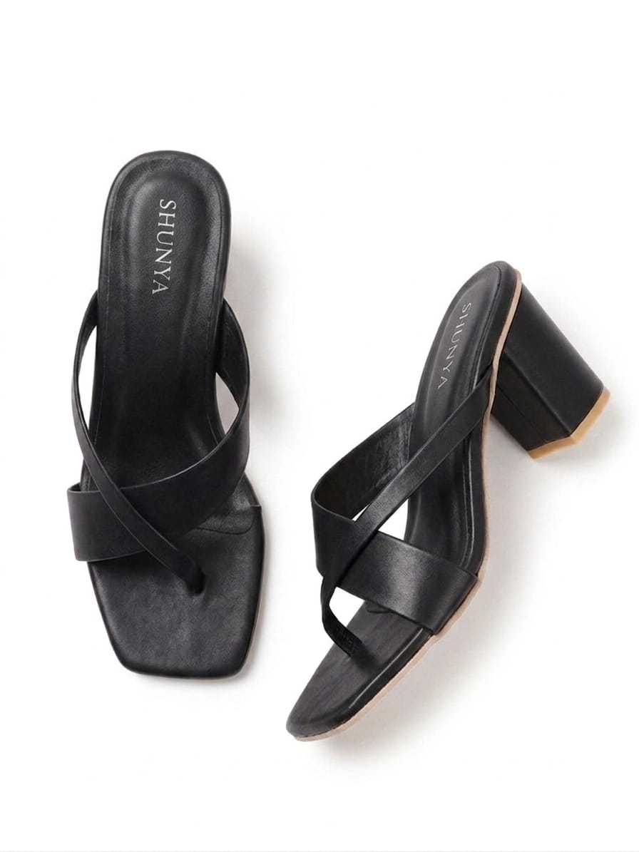 Women's Trendy Black Block Heel Sandals – Stylish Cross-Strap Slip-On Heels for Party & Casual Wear