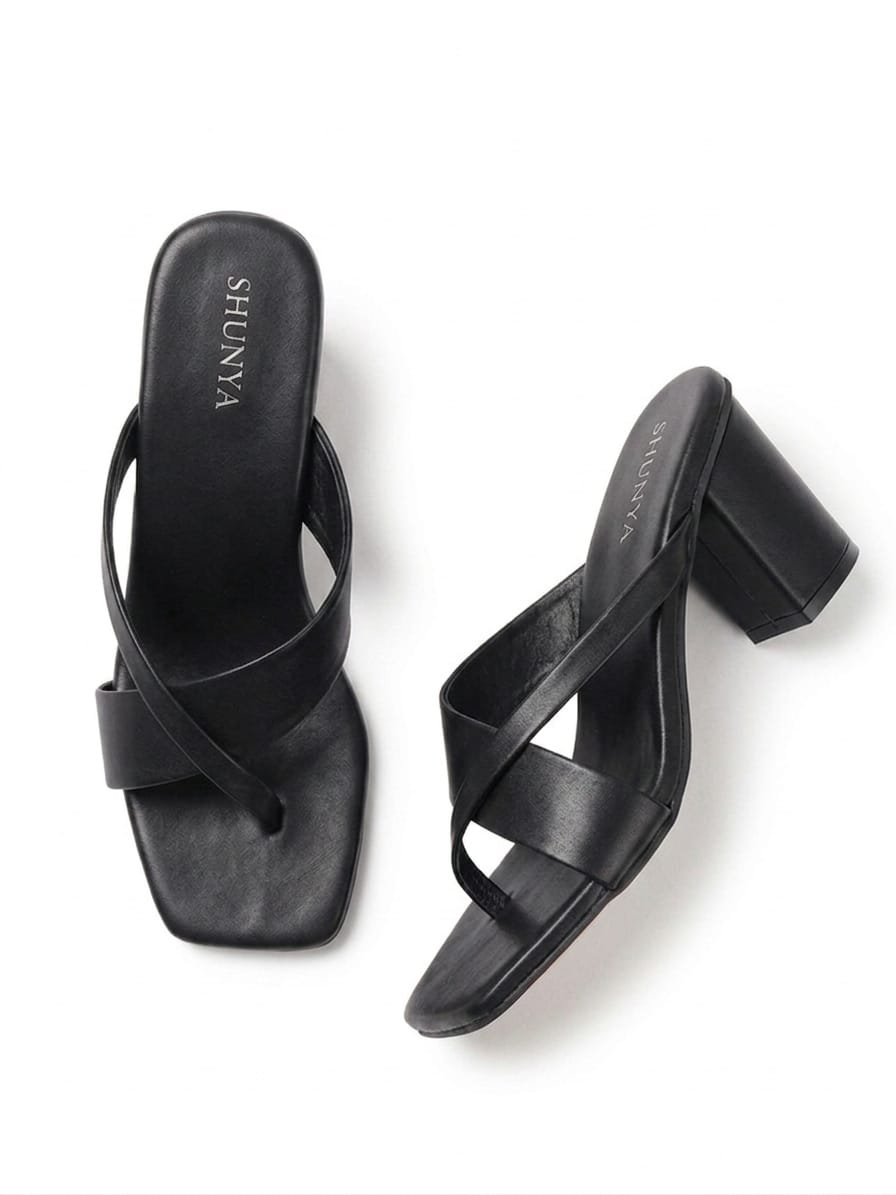 Shunya Women's Trendy Black Block Heel Sandals – Stylish Cross-Strap Slip-On Heels for Party & Casual Wear