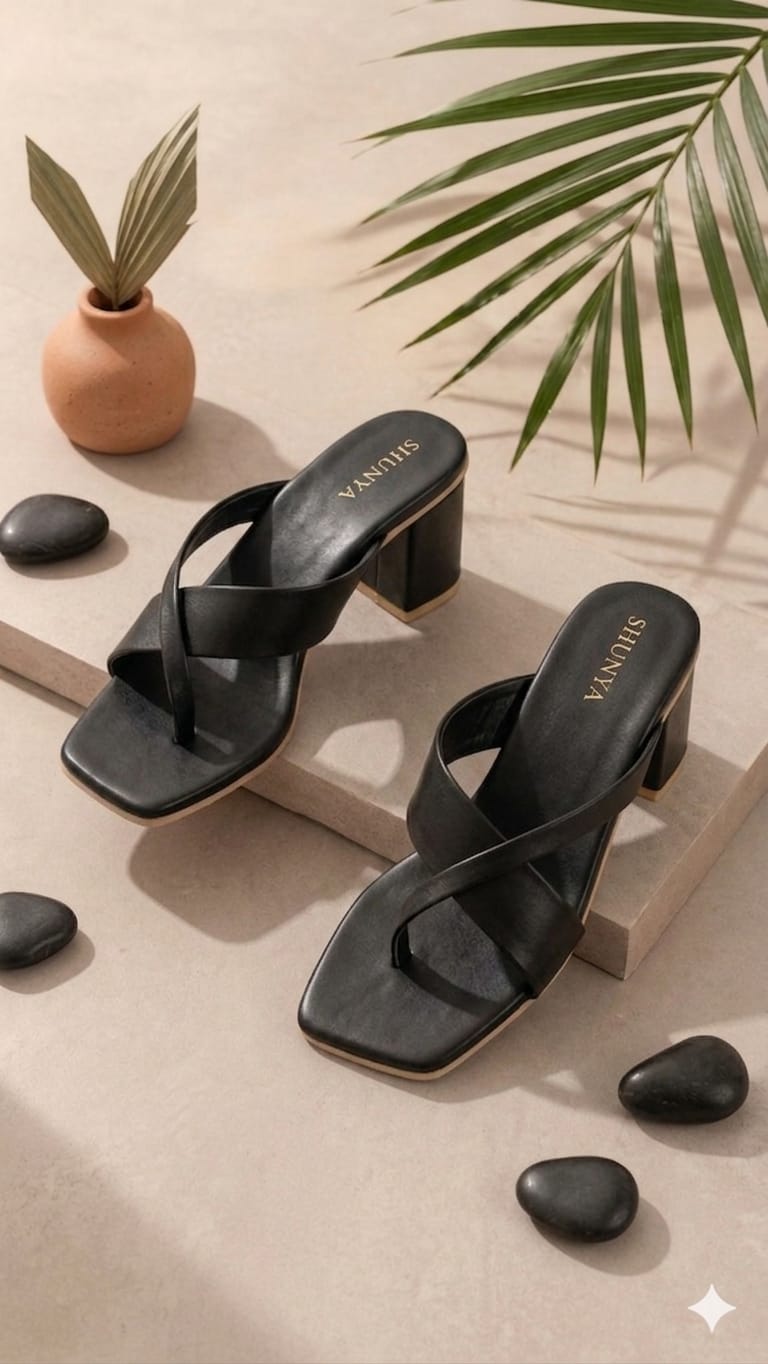 Women's Trendy Black Block Heel Sandals – Stylish Cross-Strap Slip-On Heels for Party & Casual Wear
