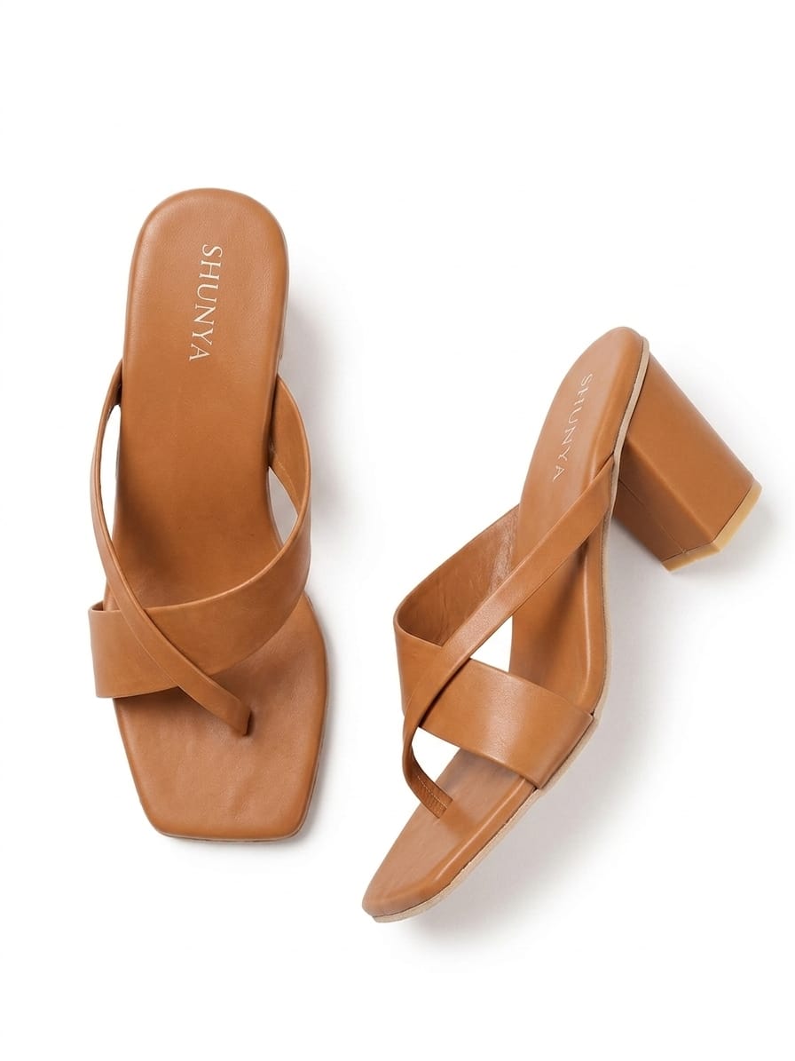 Women's Trendy Tan Block Heel Sandals – Stylish Cross-Strap Slip-On Heels for Party & Casual Wear
