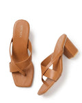 Women's Trendy Tan Block Heel Sandals – Stylish Cross-Strap Slip-On Heels for Party & Casual Wear