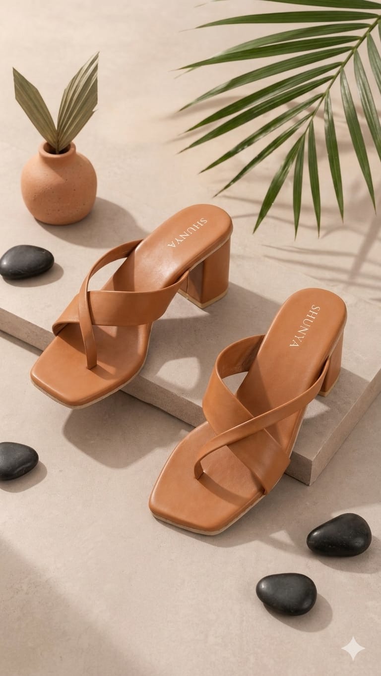 Women's Trendy Tan Block Heel Sandals – Stylish Cross-Strap Slip-On Heels for Party & Casual Wear