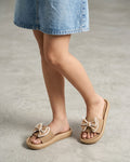 Shunya Stylish Women's Tan Bow Platform Sliders | Comfortable Cushion Sole Sandals for Girls | Trendy Daily Wear Fashion Flip-Flops