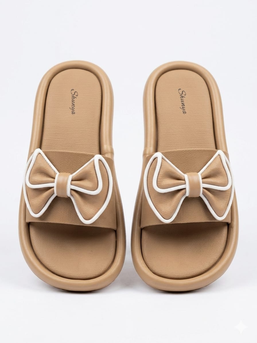 Shunya Stylish Women's Tan Bow Platform Sliders | Comfortable Cushion Sole Sandals for Girls | Trendy Daily Wear Fashion Flip-Flops