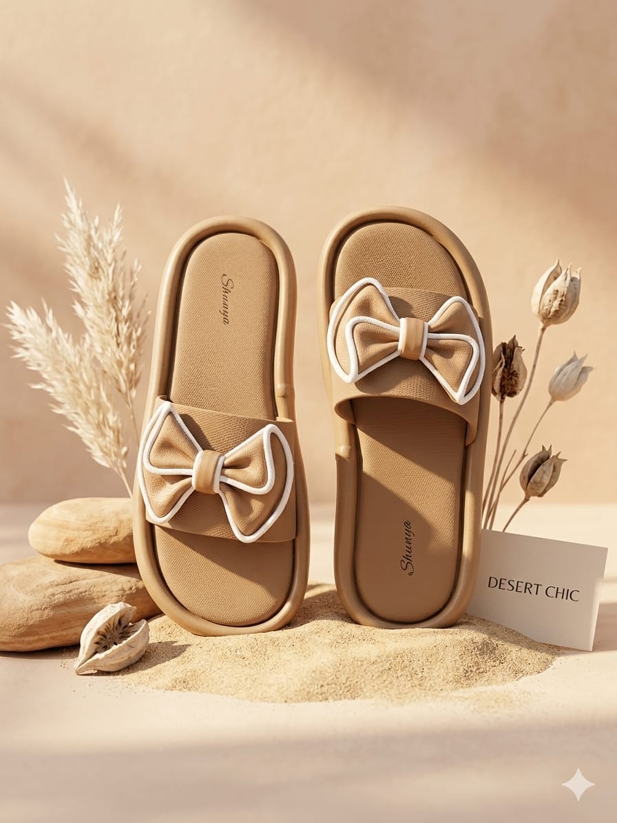 Shunya Stylish Women's Tan Bow Platform Sliders | Comfortable Cushion Sole Sandals for Girls | Trendy Daily Wear Fashion Flip-Flops