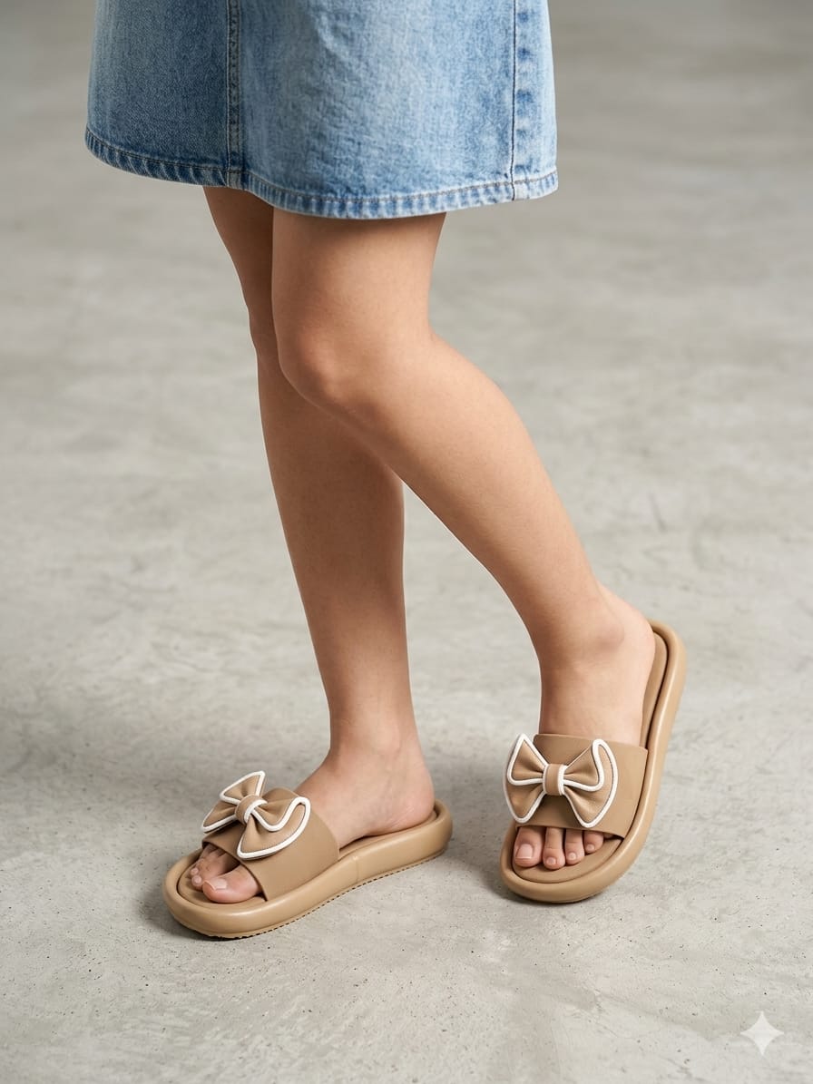 Shunya Stylish Women's Tan Bow Platform Sliders | Comfortable Cushion Sole Sandals for Girls | Trendy Daily Wear Fashion Flip-Flops