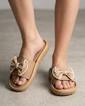 Shunya Stylish Women's Tan Bow Platform Sliders | Comfortable Cushion Sole Sandals for Girls | Trendy Daily Wear Fashion Flip-Flops