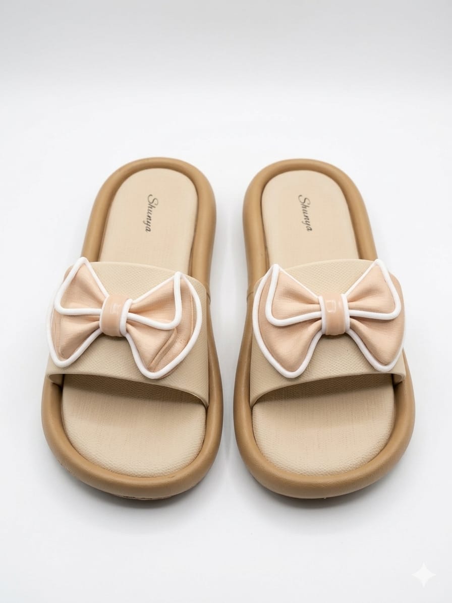 Shunya Stylish Women's Cream Bow Platform Sliders | Comfortable Cushion Sole Sandals for Girls | Trendy Daily Wear Fashion Flip-Flops