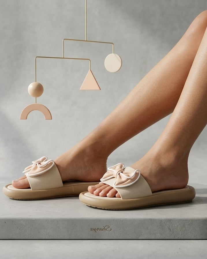 Shunya Stylish Women's Cream Bow Platform Sliders | Comfortable Cushion Sole Sandals for Girls | Trendy Daily Wear Fashion Flip-Flops
