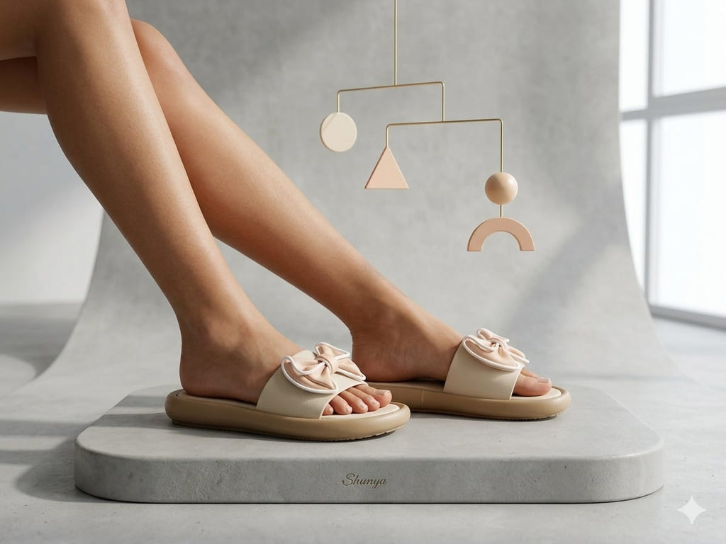 Shunya Stylish Women's Cream Bow Platform Sliders | Comfortable Cushion Sole Sandals for Girls | Trendy Daily Wear Fashion Flip-Flops