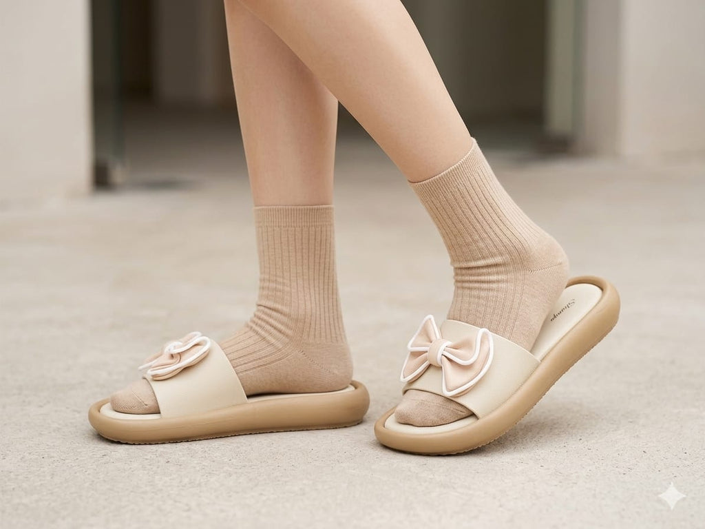 Shunya Stylish Women's Cream Bow Platform Sliders | Comfortable Cushion Sole Sandals for Girls | Trendy Daily Wear Fashion Flip-Flops