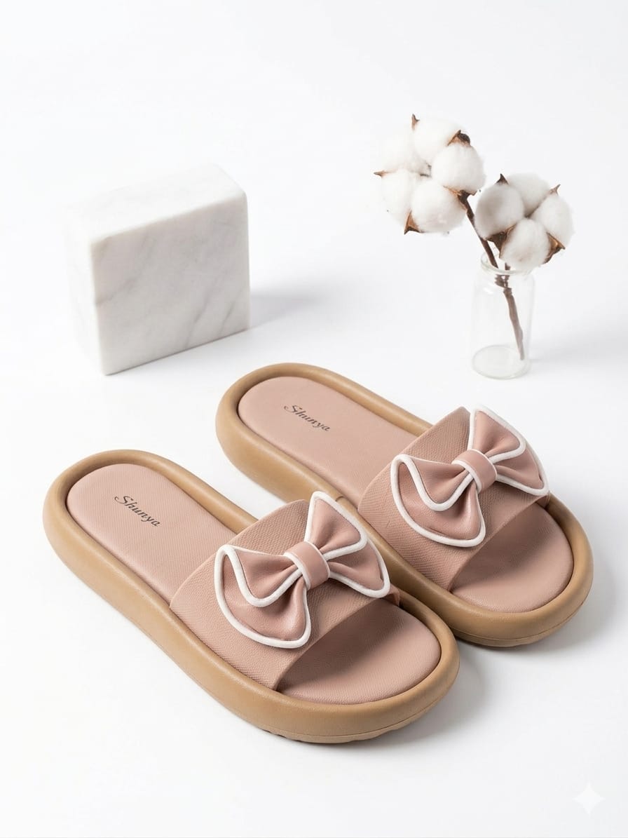 Shunya Stylish Women's Peach Bow Platform Sliders | Comfortable Cushion Sole Sandals for Girls | Trendy Daily Wear Fashion Flip-Flops