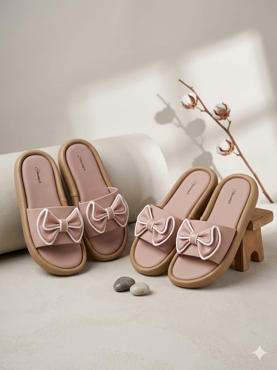 Shunya Stylish Women's Peach Bow Platform Sliders | Comfortable Cushion Sole Sandals for Girls | Trendy Daily Wear Fashion Flip-Flops