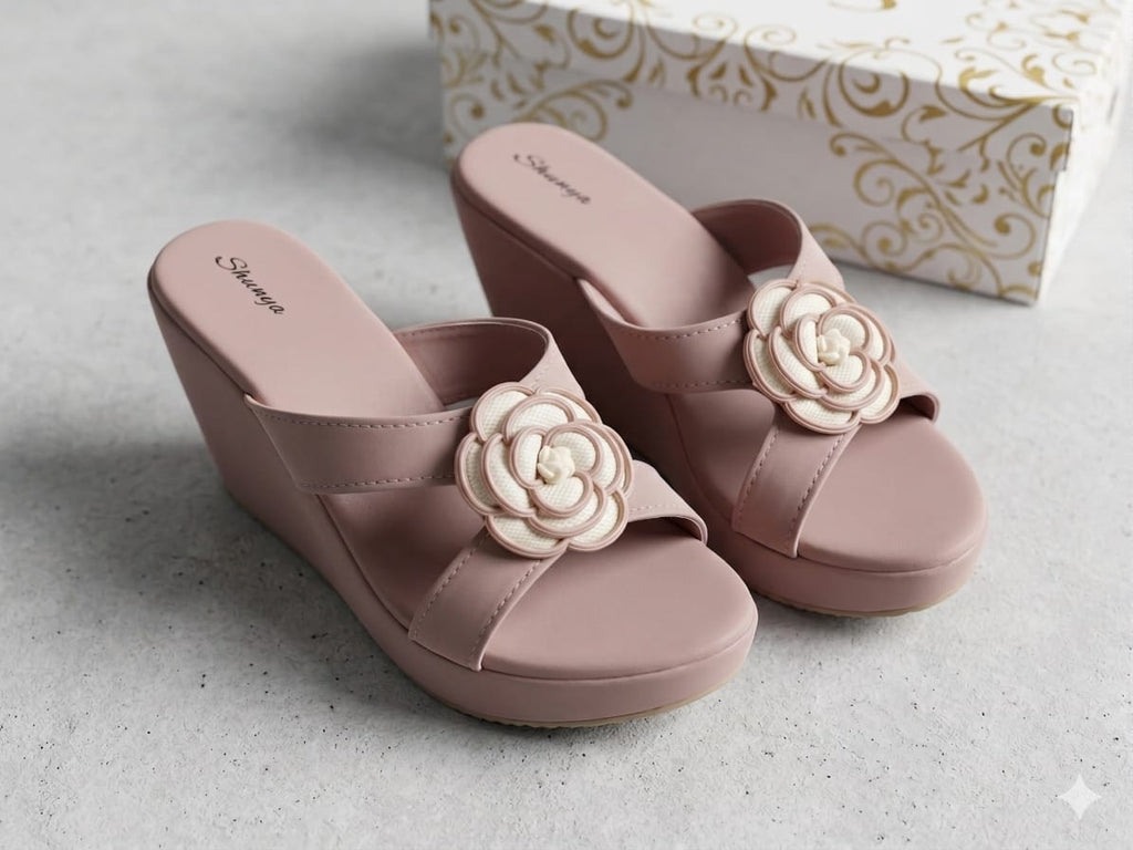 Shunya Women’s Stylish Peach Wedge Sandals | Comfortable Floral Embellished Partywear Platform Heels for Girls & Women