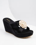 Shunya Women’s Stylish Black Wedge Sandals | Comfortable Floral Embellished Partywear Platform Heels for Girls & Women