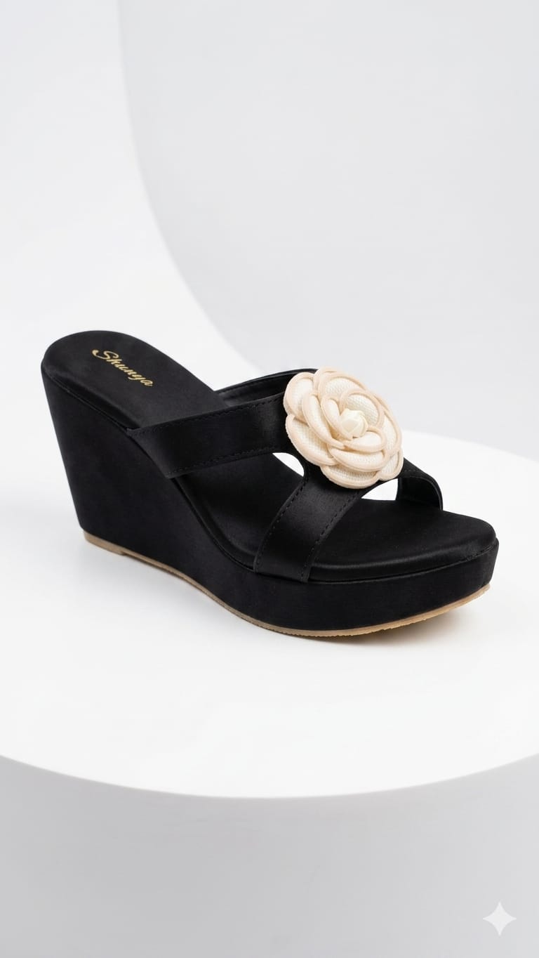 Shunya Women’s Stylish Black Wedge Sandals | Comfortable Floral Embellished Partywear Platform Heels for Girls & Women
