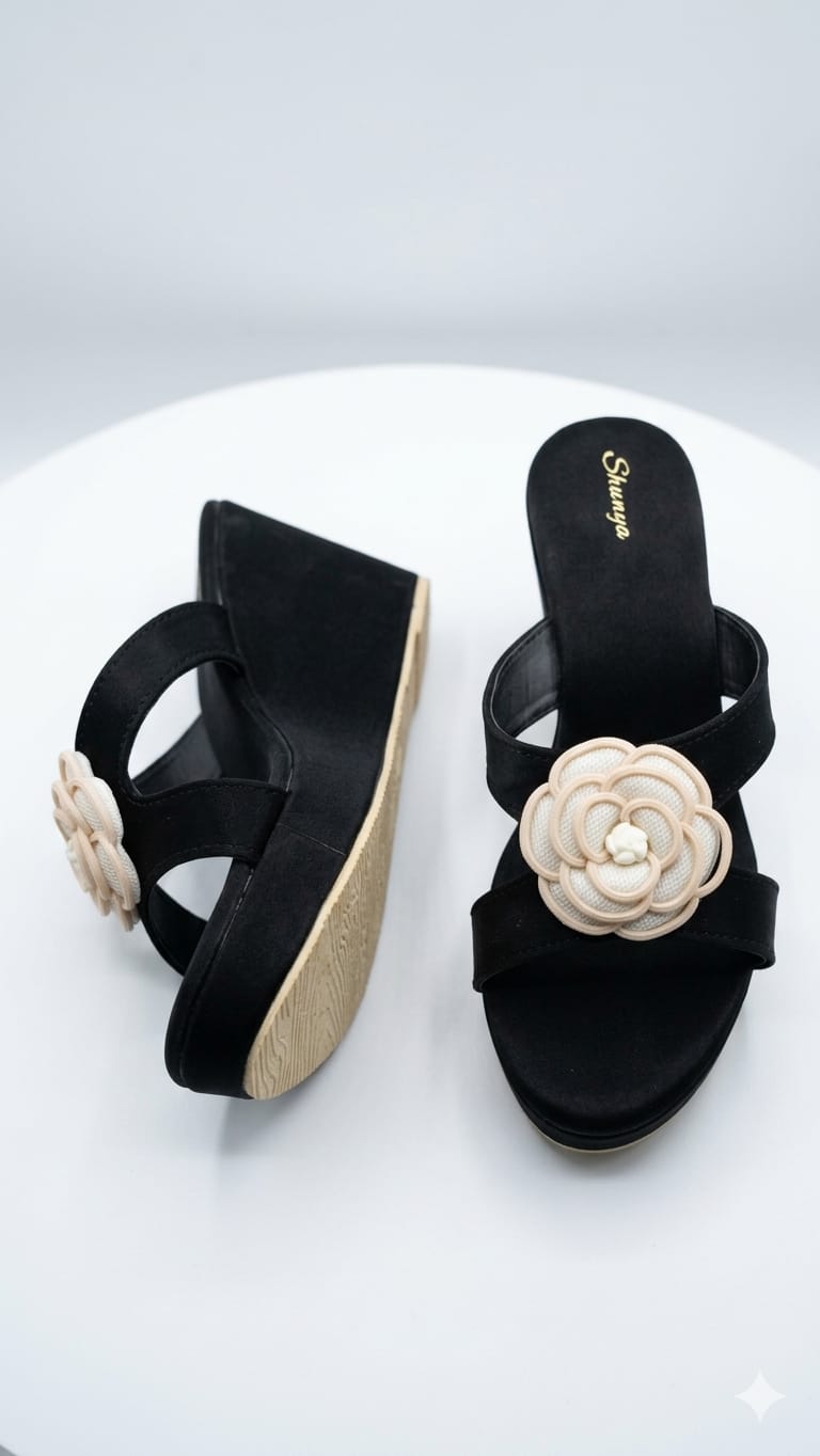 Shunya Women’s Stylish Black Wedge Sandals | Comfortable Floral Embellished Partywear Platform Heels for Girls & Women