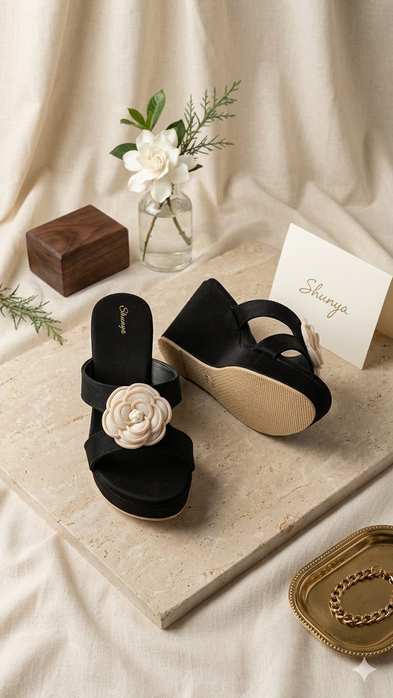 Shunya Women’s Stylish Black Wedge Sandals | Comfortable Floral Embellished Partywear Platform Heels for Girls & Women