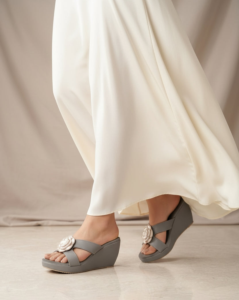 Shunya Women’s Stylish Grey Wedge Sandals | Comfortable Floral Embellished Partywear Platform Heels for Girls & Women