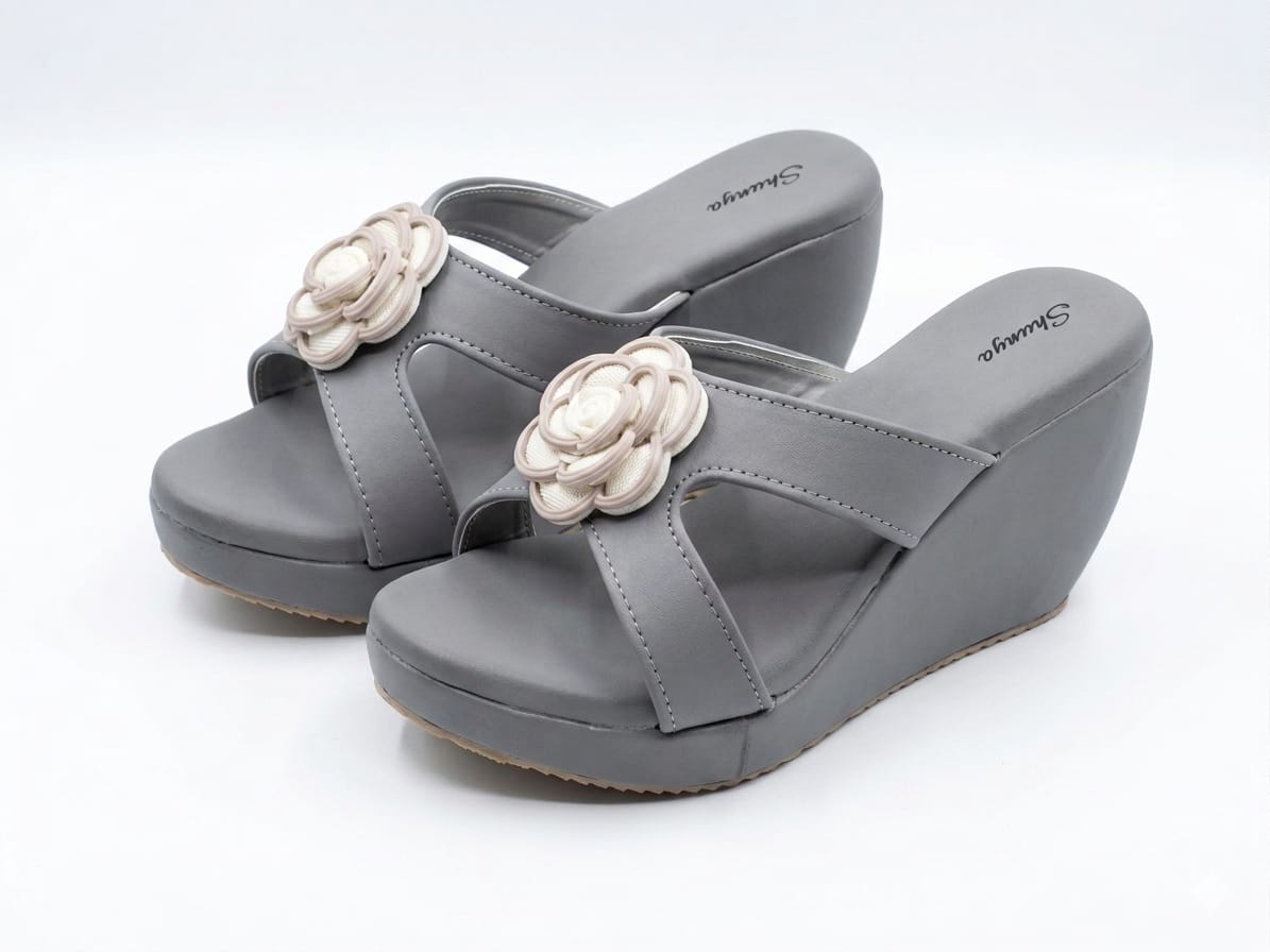 Shunya Women’s Stylish Grey Wedge Sandals | Comfortable Floral Embellished Partywear Platform Heels for Girls & Women