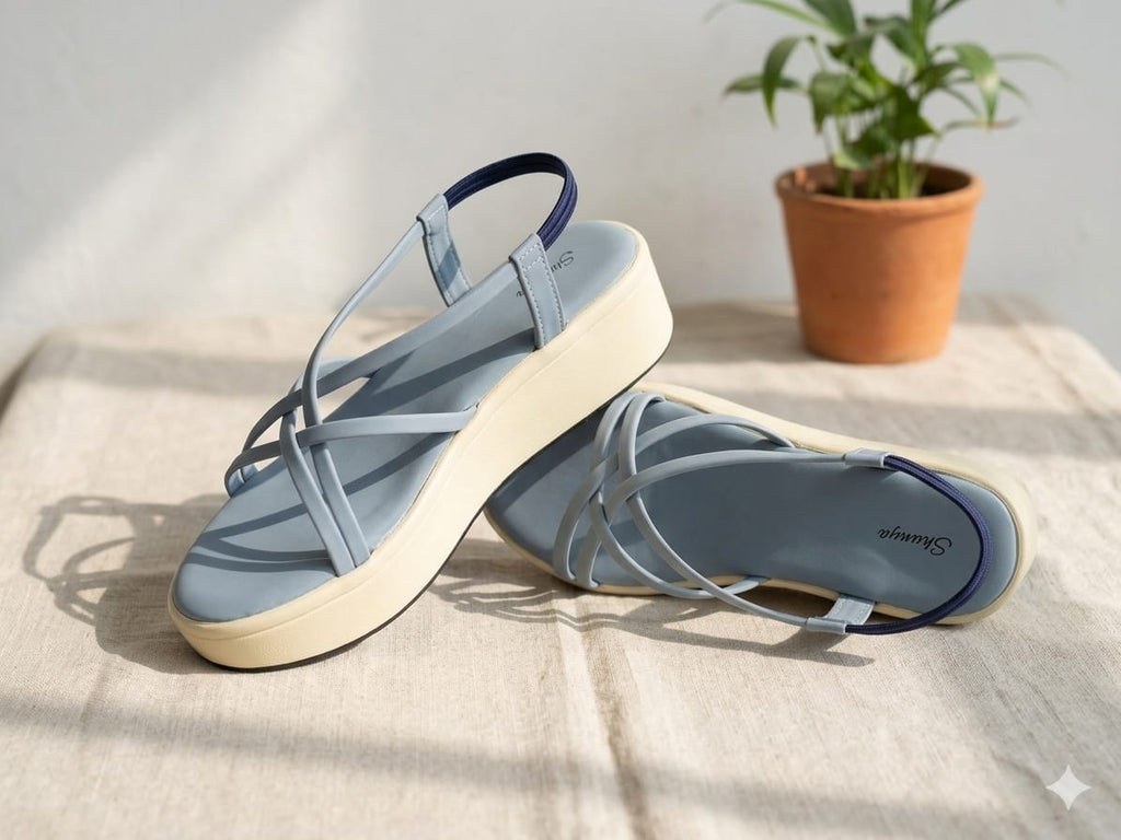 Shunya Women's Blue Strappy Crisscross Slingback Platform Wedges