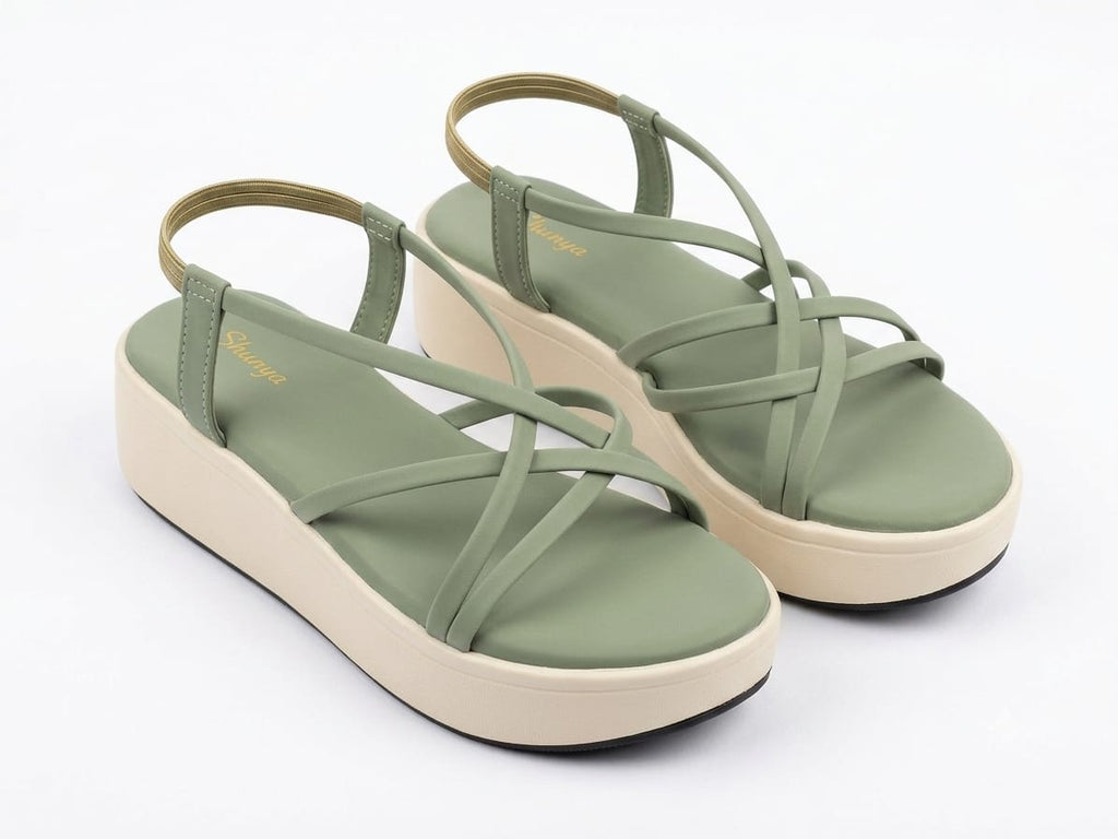 Shunya Women's Green Strappy Crisscross Slingback Platform Wedges