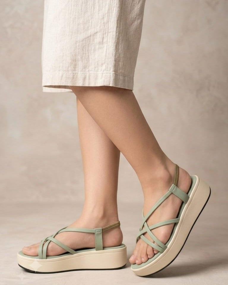 Shunya Women's Green Strappy Crisscross Slingback Platform Wedges
