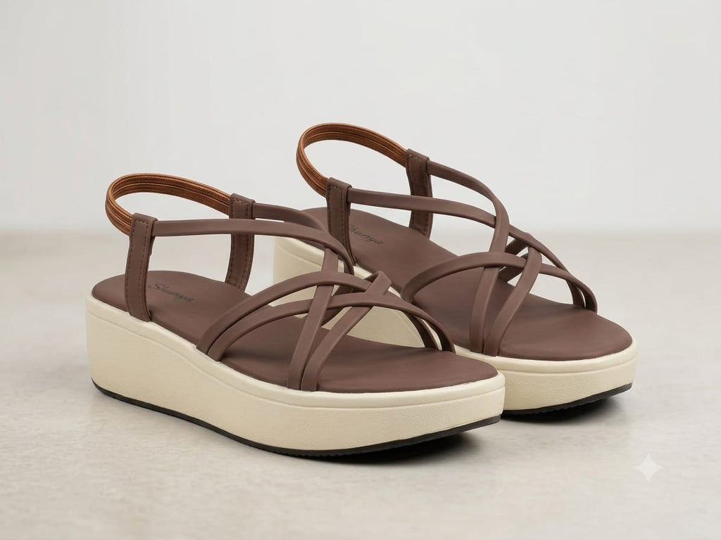 Shunya Women's Brown Strappy Crisscross Slingback Platform Wedges