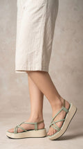 Shunya Women's Green Strappy Crisscross Slingback Platform Wedges