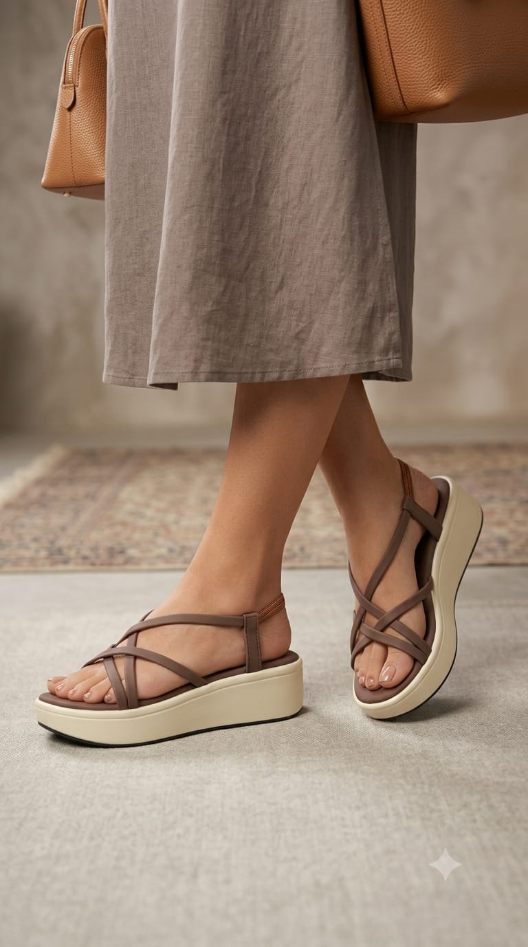 Shunya Women's Brown Strappy Crisscross Slingback Platform Wedges